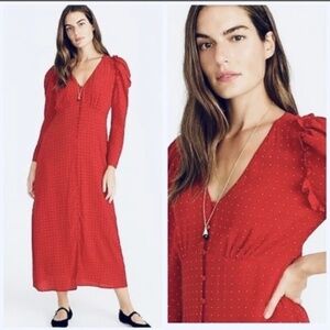 J. Crew Red Polka-dot Puff Sleeve Button Front Midi Long Dress 16